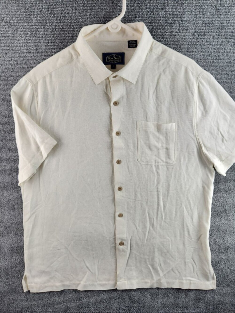 Nat Nast Silk Cotton Blend Button Up Shirt Ivory Short Sleeve Large Woven Beach